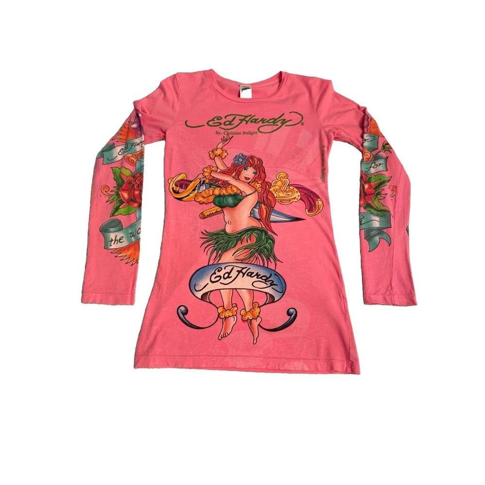 Vtg Ed Hardy Hula Girl T-Shirt Sz S Dagger Rose Tattoo Long Sleeve Biker Y2K